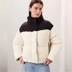 Maje Faux Shearling Padded Quilted Jacket Coat Colorblock Hoodie Sz 1 Oversized
